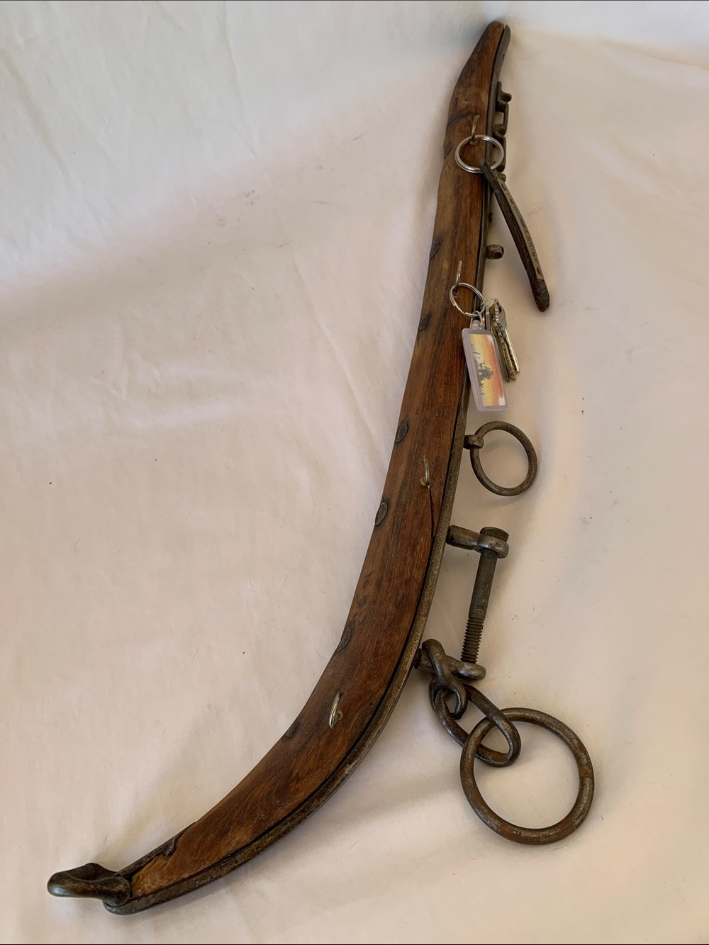 Antique Rustic Wooden Yolk with Metal Hardware - 4 Hook Key Holder Brown